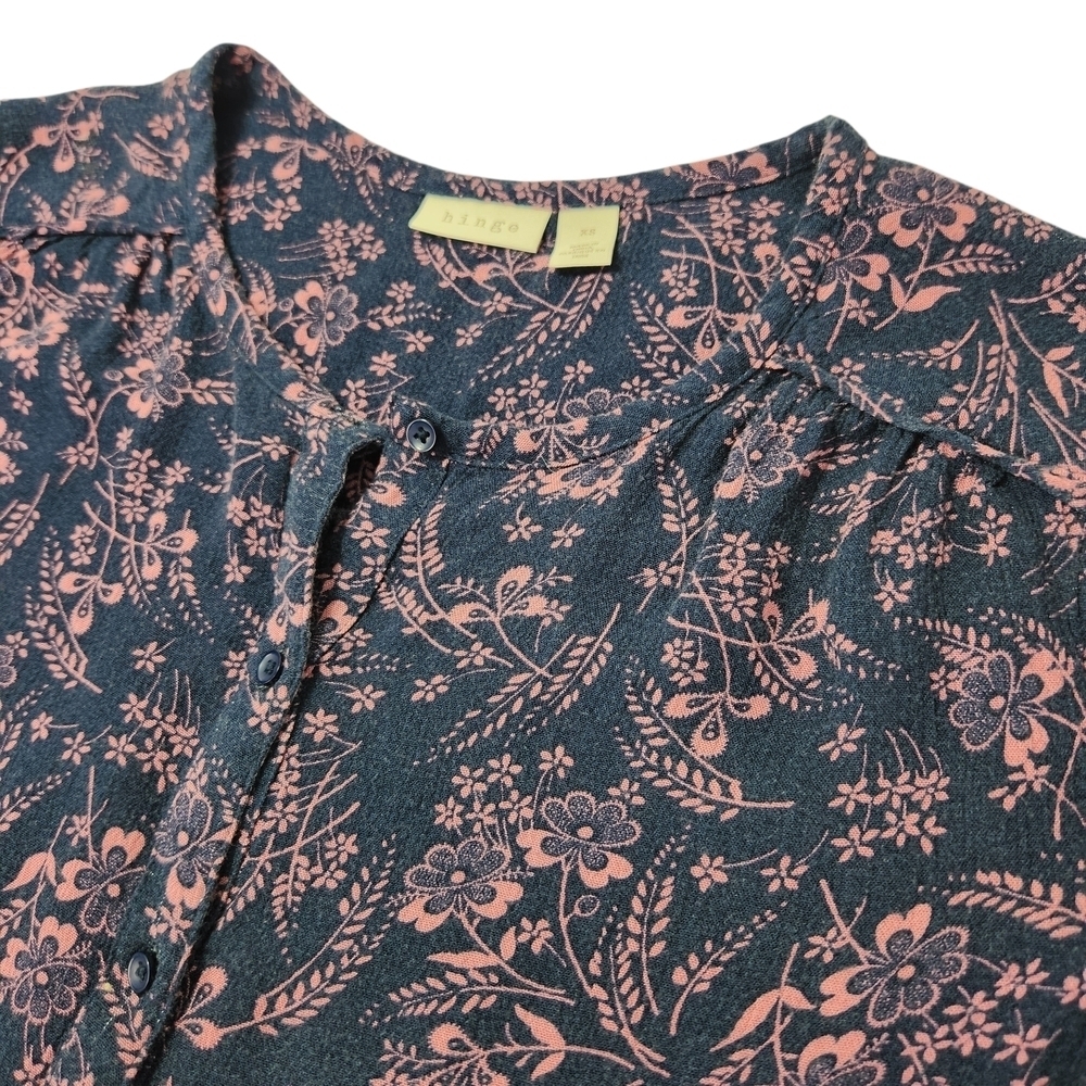 Hinge Navy Blue & Pink Floral Cottagecore Button-Front Blouse 3/4 Sleeve Size XS - Picture 5 of 10
